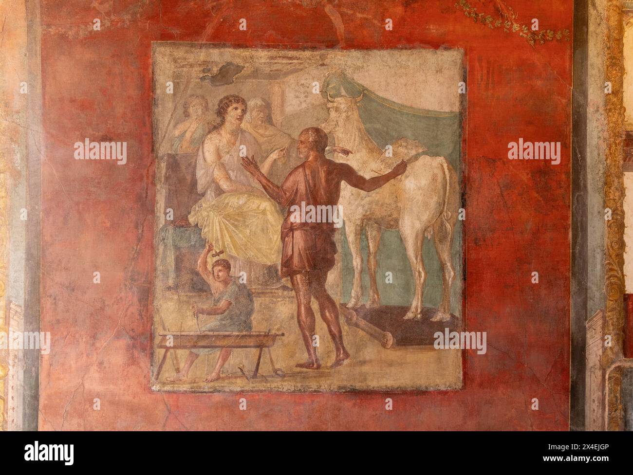 Affresco di Pompei; "Daedalo e Pasifae", la casa dei Vettii, Pompei Italia. Sito Patrimonio dell'Umanità dell'UNESCO; arte mitologica del i secolo d.C. Foto Stock