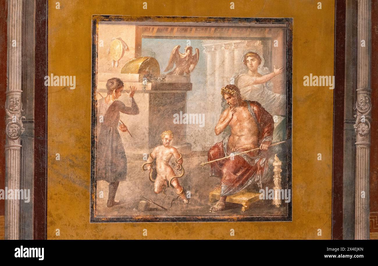 Affresco di Pompei; "Ercole da bambino uccide due serpenti"; la Casa dei Vettii; Pompei Italia. Pittura della civiltà romana risalente al i secolo a.C. Foto Stock