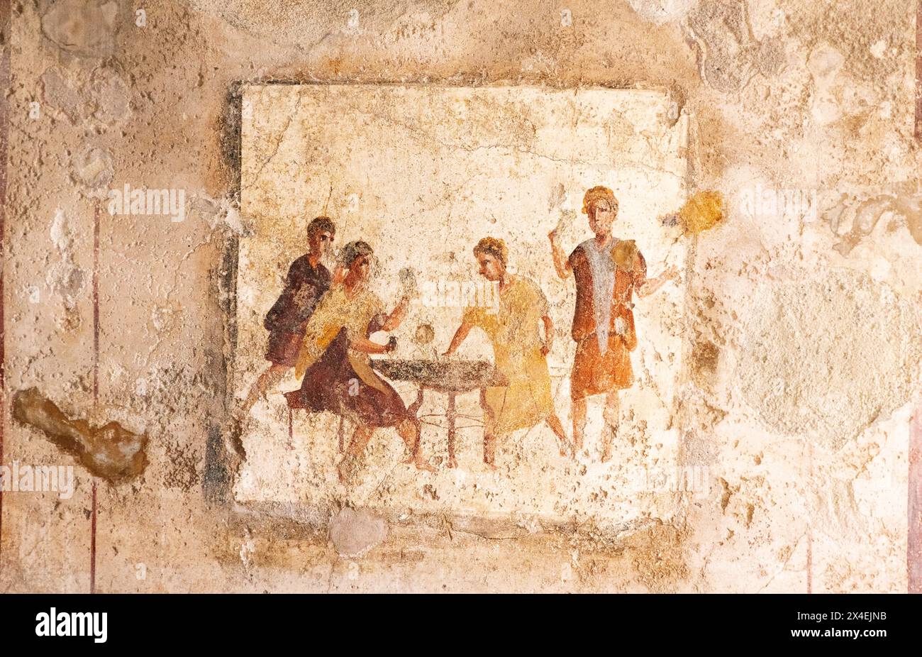 Affresco romano che mostra la vita quotidiana, o lo stile di vita; Casa dei Vettii (Casa Vettii), ca. I secolo a.C., rovine di Pompei, Pompei Italia. Civiltà romana Foto Stock