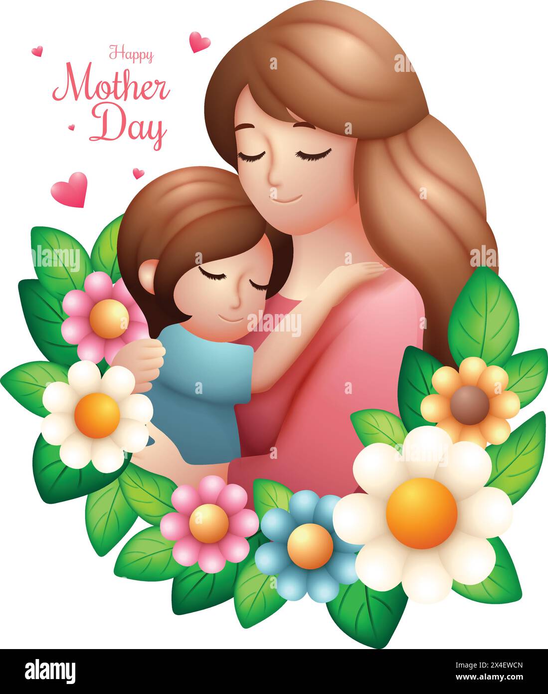 Festa della mamma felice, mamma felice abbraccia la sua amata figlia 3d illustrazione vettoriale Illustrazione Vettoriale