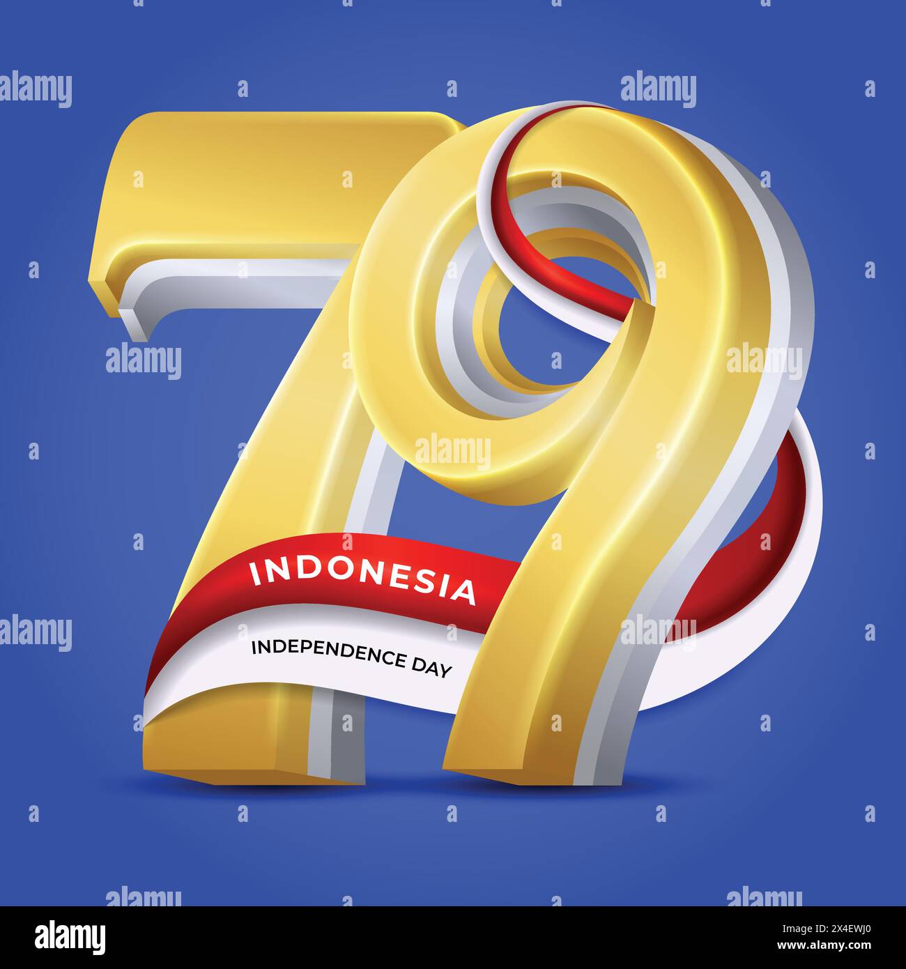 Felice 79° giorno dell'indipendenza dell'Indonesia con design a numeri d'oro Illustrazione Vettoriale