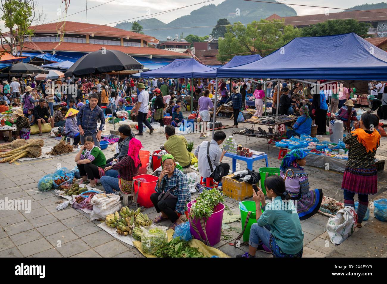 Mercato affollato nel mercato di Bac ha nella provincia di Lao Cai, Vietnam Foto Stock