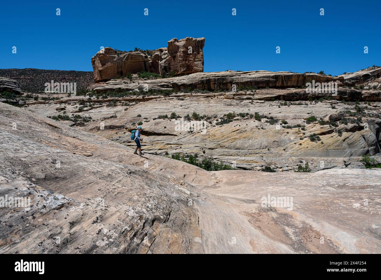 Stati Uniti, Utah. Escursione di una donna al Kachina Bridge, Natural Bridges National Monument. (SIG.) Foto Stock