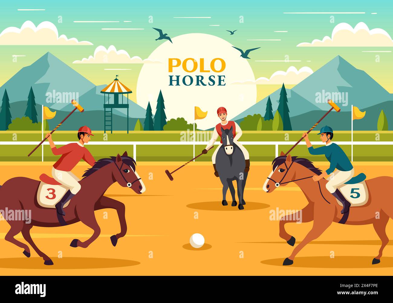 Illustrazione del vettore sportivo del cavallo-polo con il giocatore che cavalca il cavallo e tiene il bastone Usa l'attrezzatura impostata su Concorso in piano sullo sfondo del cartone animato Illustrazione Vettoriale