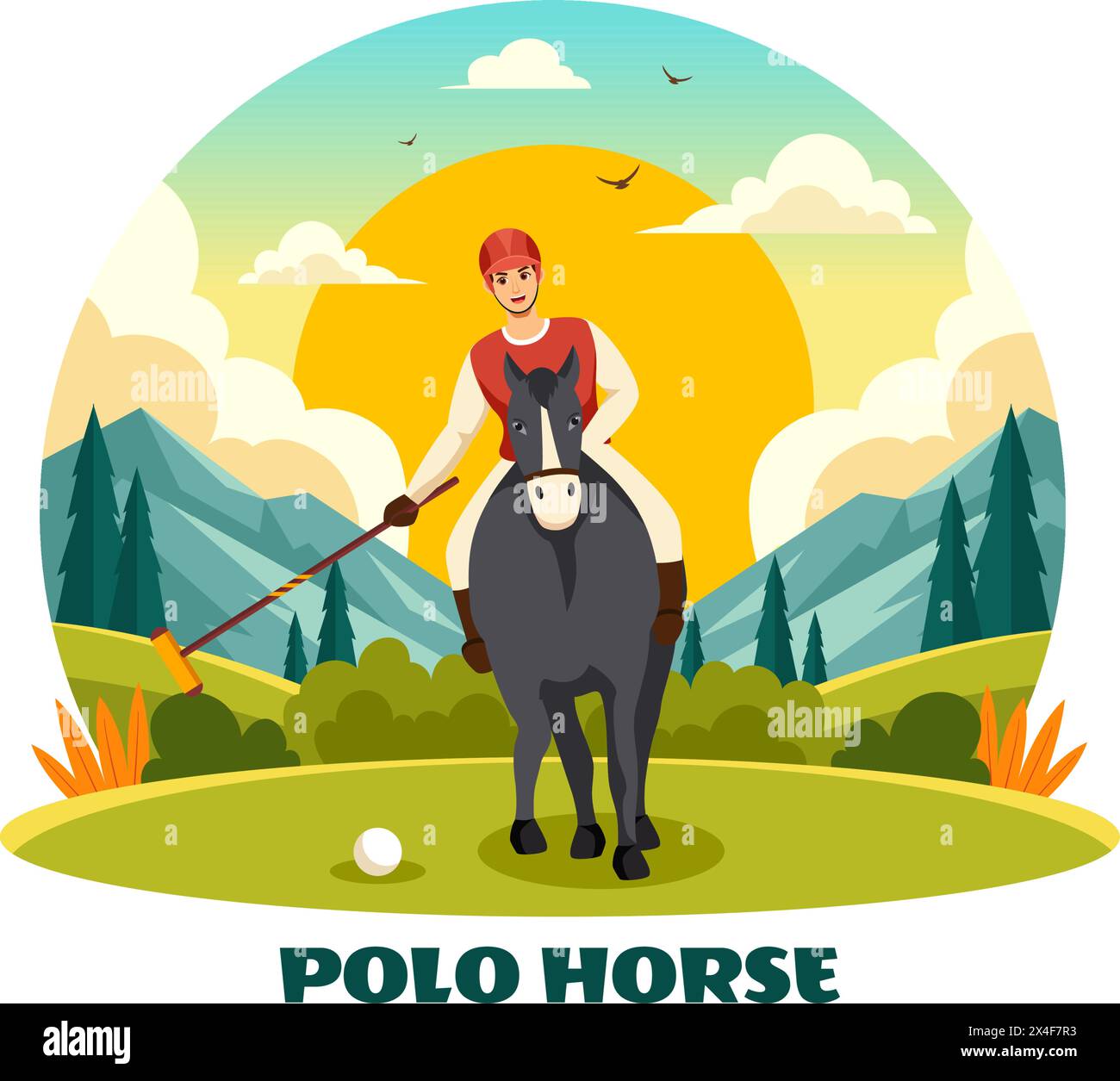 Illustrazione del vettore sportivo del cavallo-polo con il giocatore che cavalca il cavallo e tiene il bastone Usa l'attrezzatura impostata su Concorso in piano sullo sfondo del cartone animato Illustrazione Vettoriale