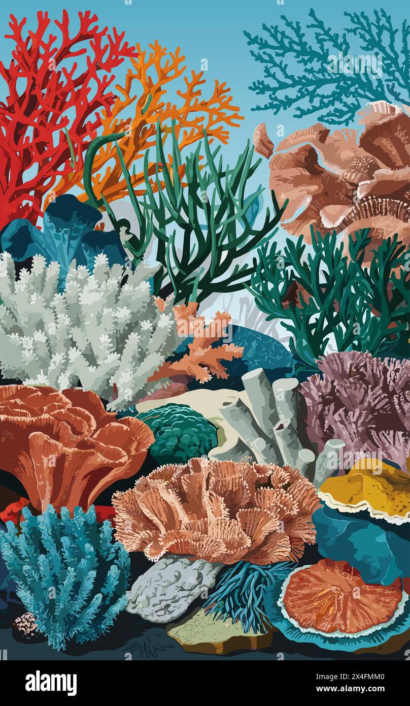 Una colorata scena subacquea con piante marine e coralli Illustrazione Vettoriale