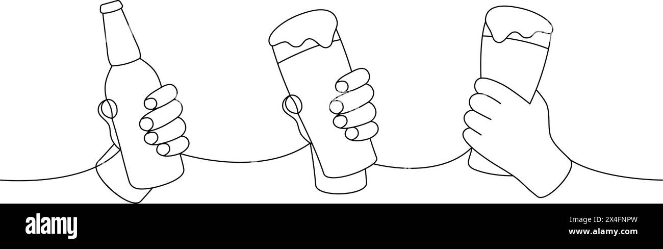 Mani che reggono una bottiglia una linea di disegno continuo. Illustrazione continua di una riga dei prodotti da pub della birra. Illustrazione lineare vettoriale. Illustrazione Vettoriale