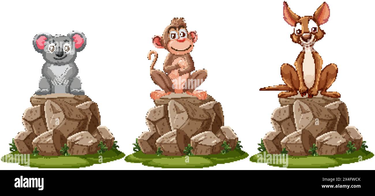 Tre animali da cartoni animati seduti su affioramenti rocciosi. Illustrazione Vettoriale