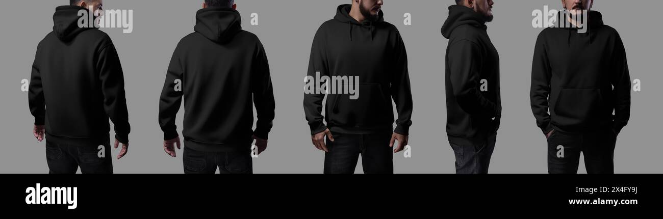 Mockup di felpa nera oversize con cappuccio su uomo brutale, isolata sullo sfondo. Set di abbigliamento alla moda anteriore, laterale, posteriore per design, branding, pubblicità Foto Stock