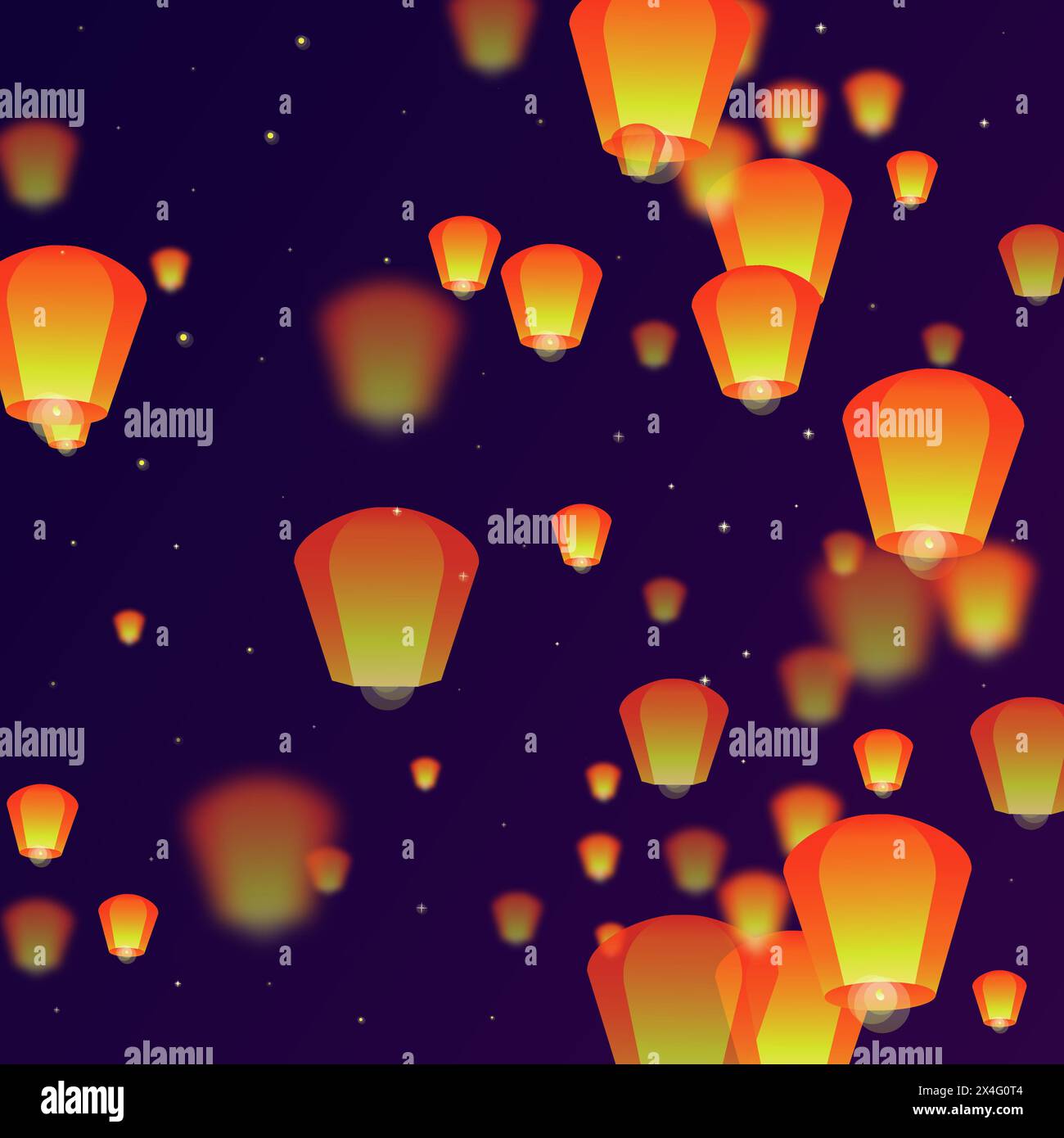 Lanterne che fluttuano nel cielo notturno. Vacanze in Thailandia con lanterne di carta che volano nel cielo notturno. Celebrazioni per il festival delle lanterne. Vettore i Illustrazione Vettoriale