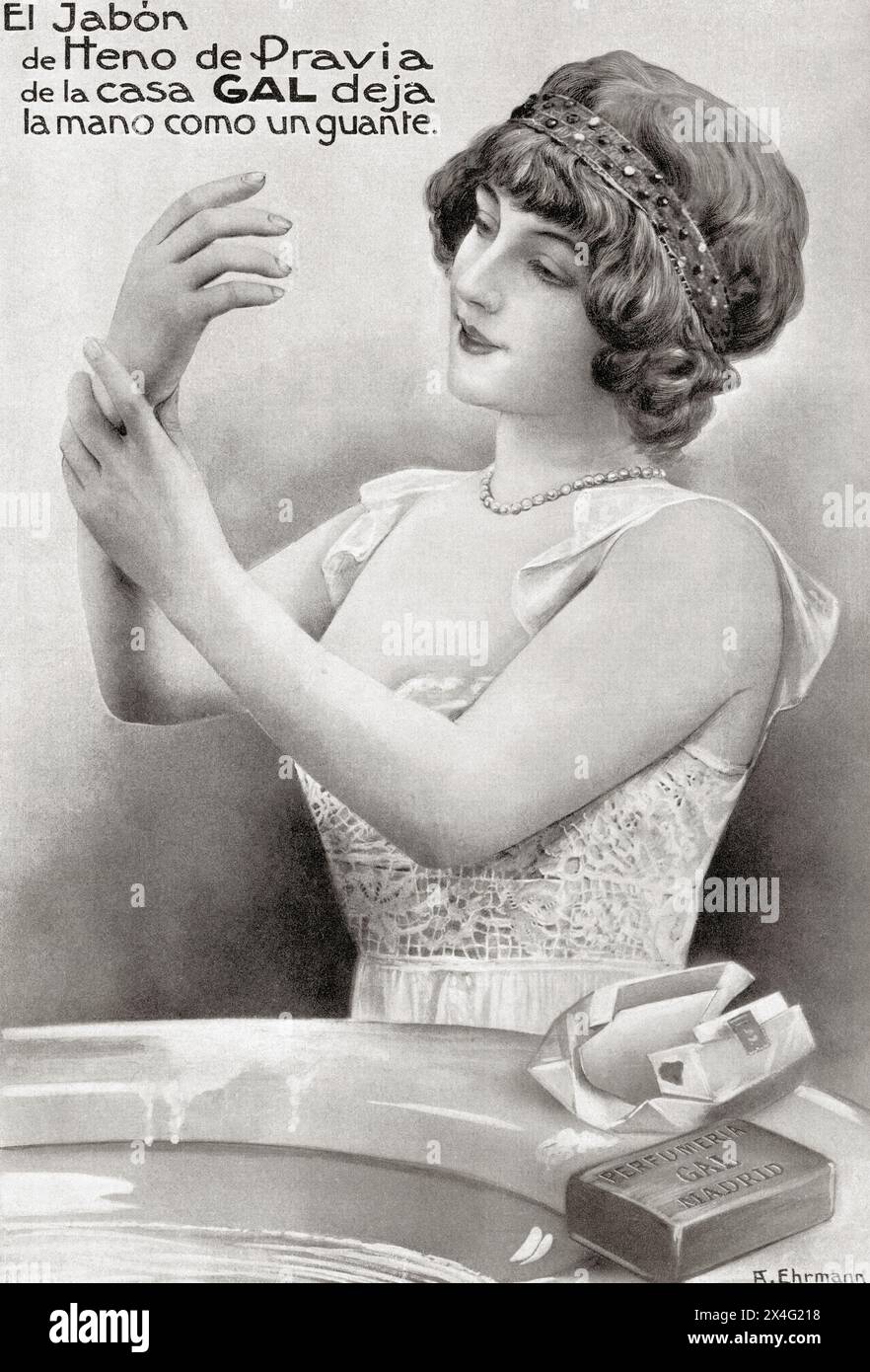 Pubblicità per il sapone spagnolo Heno de Pravia. La pubblicità dice che il sapone di Heno de Pravia della casa di Gal ti lascia la mano come un guanto. Da Mundo grafico, pubblicato nel 1912. Foto Stock