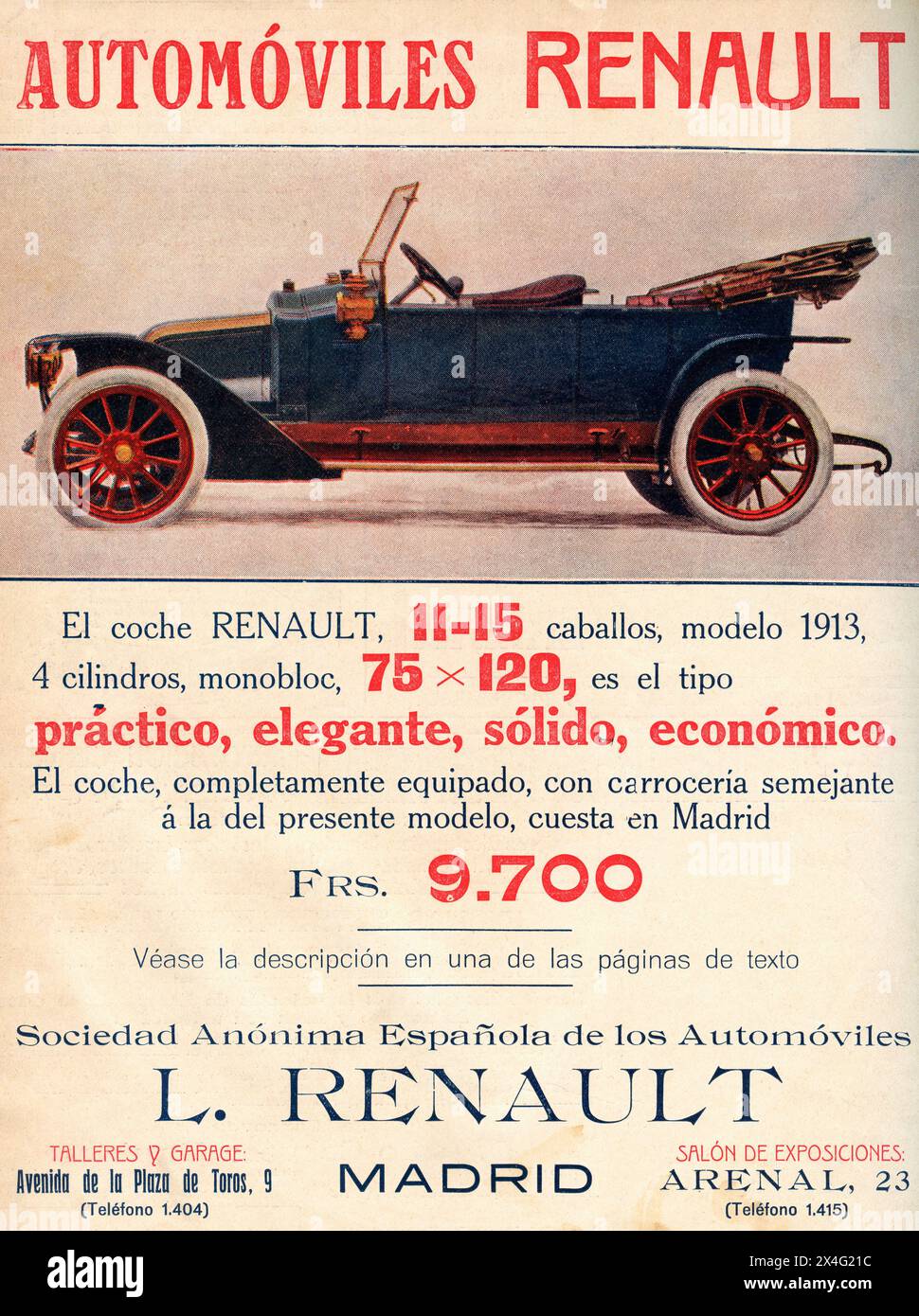 Pubblicità spagnola per un'auto Renault. Da Mundo grafico, pubblicato nel 1912. Foto Stock