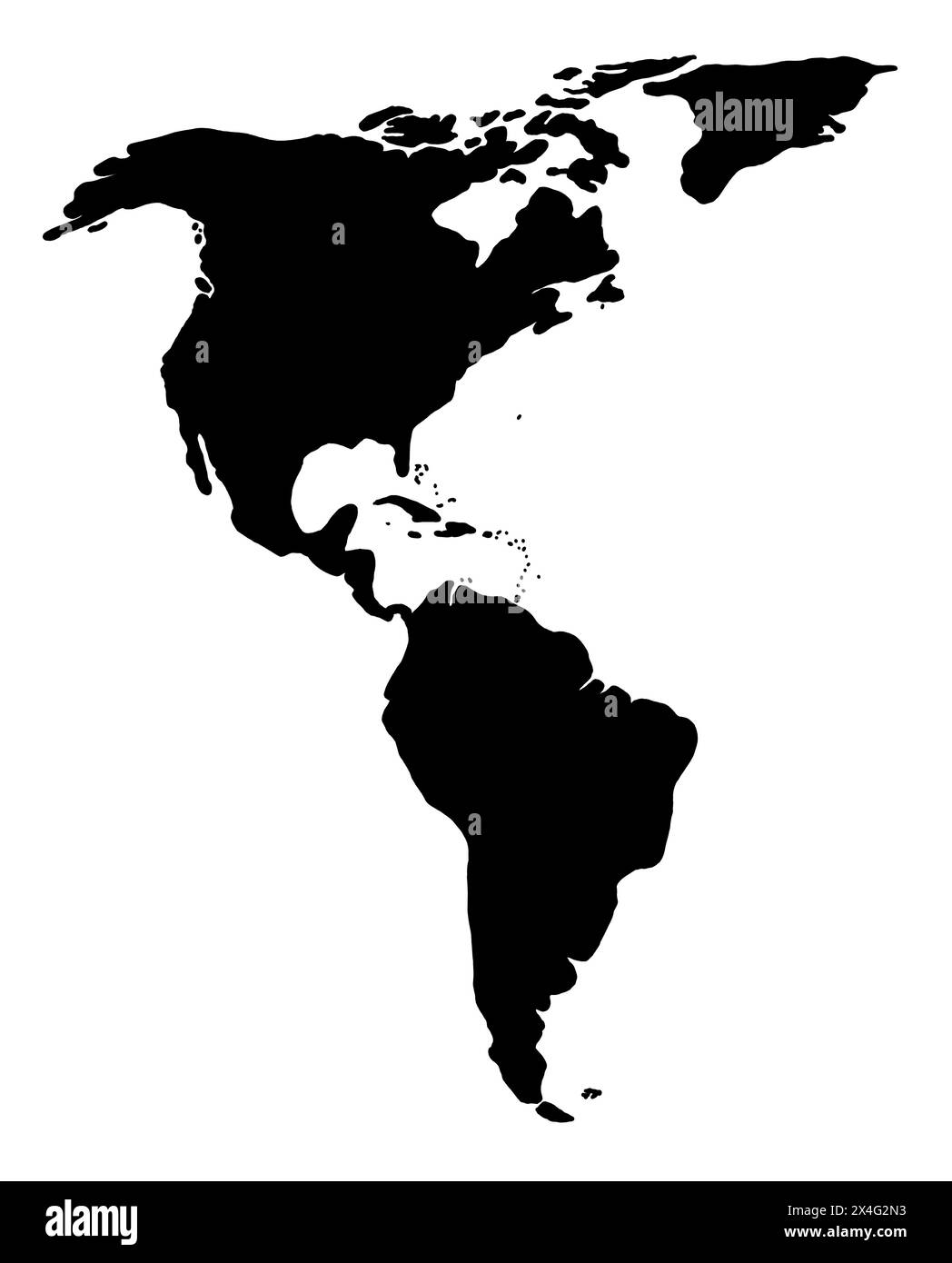 Silhouette nera del Sud e del Nord America su sfondo bianco. Illustrazione della mappa del mondo con i continenti americani. Foto Stock