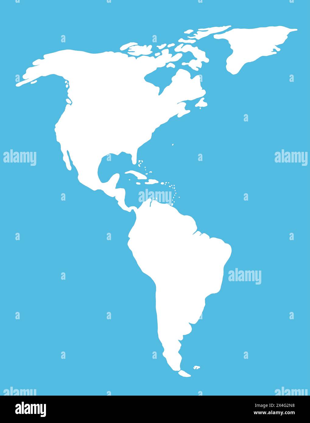 Silhouette bianca del Sud e del Nord America su sfondo blu. Illustrazione della mappa del mondo con i continenti americani. Foto Stock