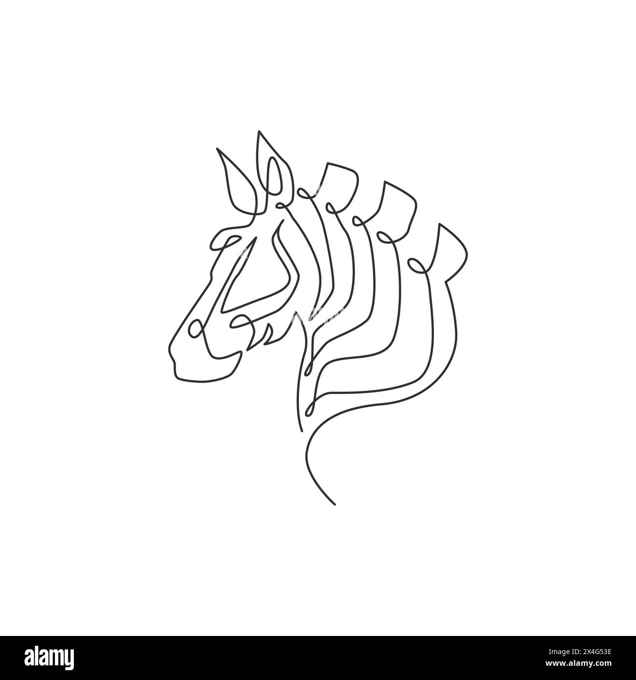 Un disegno continuo della testa della zebra per l'identità del logo dello zoo del parco nazionale. Cavallo africano con il concetto di strisce per mascotte aziendale. Tendenza Illustrazione Vettoriale