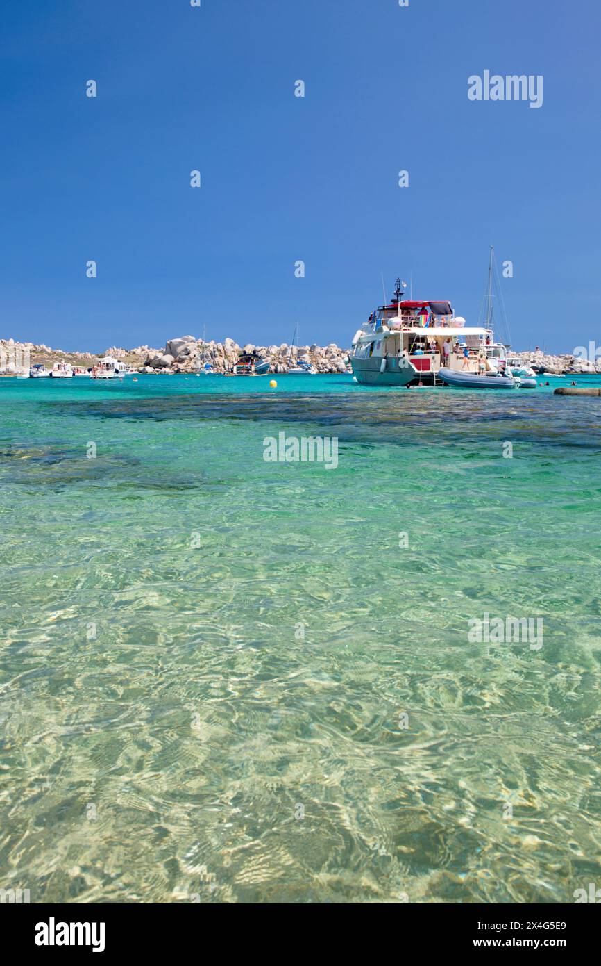 Riserva naturale delle Isole Lavezzi, Corsica del Sud, Francia. Vista sulle acque turchesi poco profonde di Cala Lazarina, l'isola di Lavezzu. Foto Stock