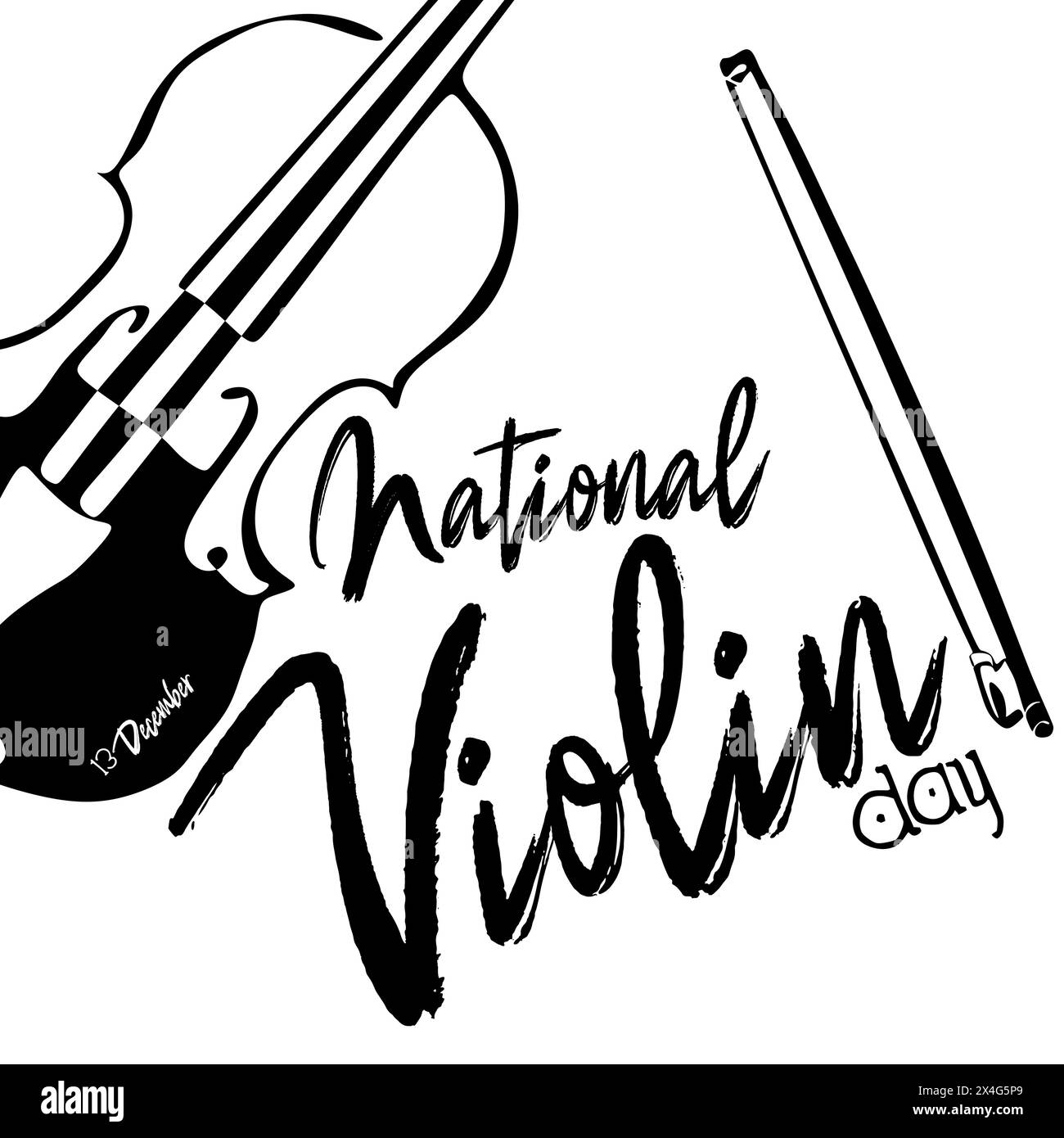 Festa nazionale del violino. 13 dicembre. Concetto di vacanza. Modello per sfondo, banner, scheda, poster con iscrizione di testo. Illustratore vettoriale in bianco e nero Illustrazione Vettoriale