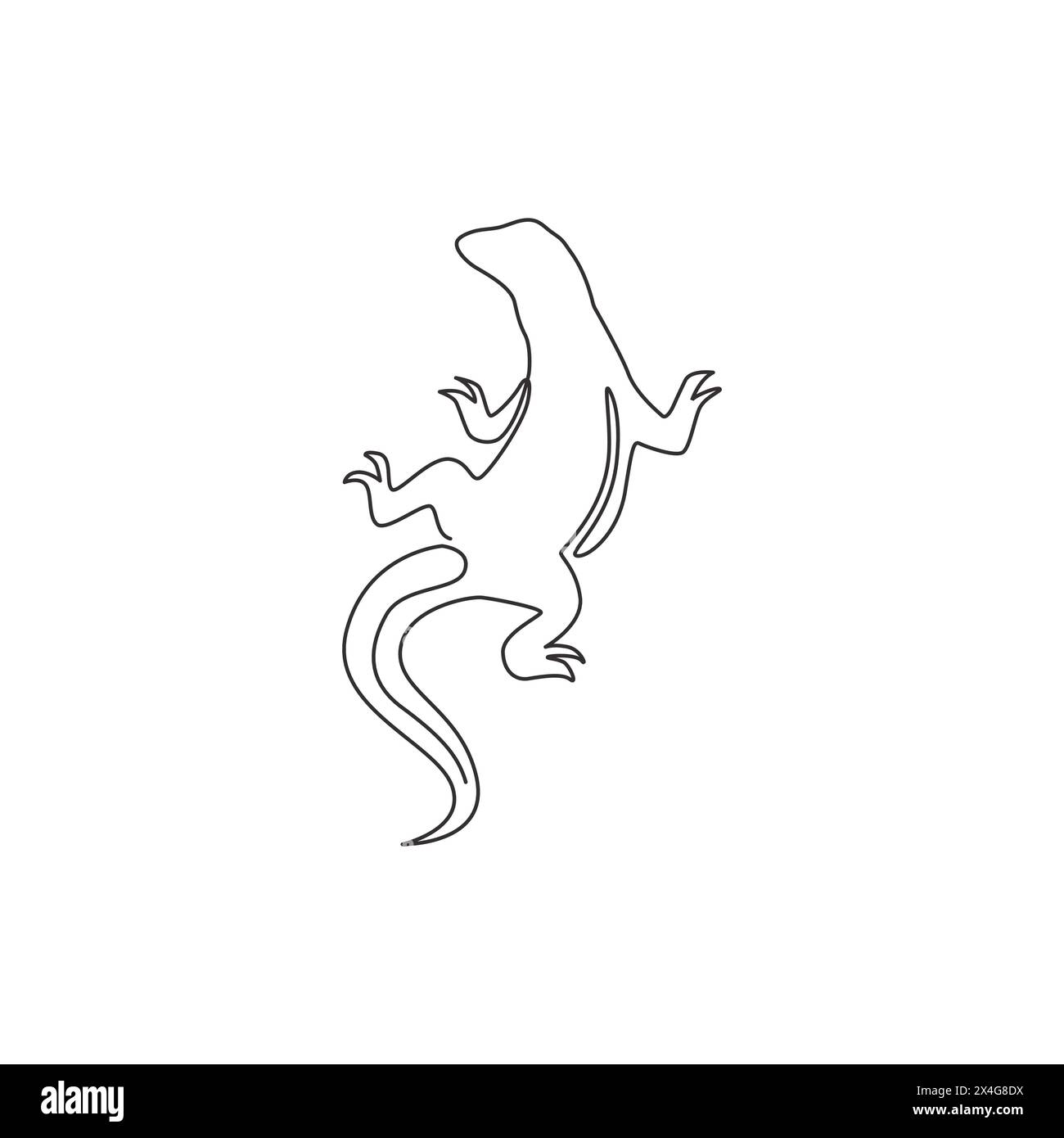 Un disegno a linea singola del forte drago di komodo per l'identità del logo aziendale. Pericoloso concetto di mascotte animale predatore per lo zoo dei rettili. Continuo alla moda Illustrazione Vettoriale