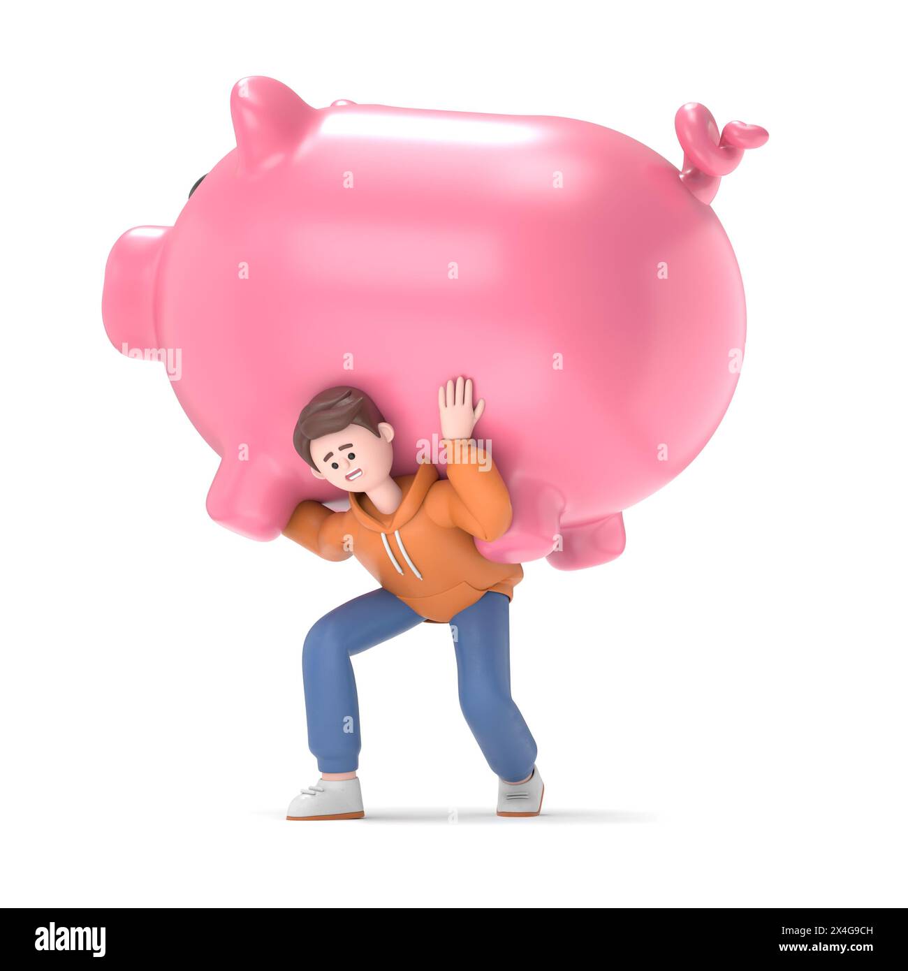 Concetto di risparmio - illustrazione 3D di Guy Qadir maschio che porta un grande salvadanaio sulle spalle.rendering 3D su sfondo bianco. Foto Stock