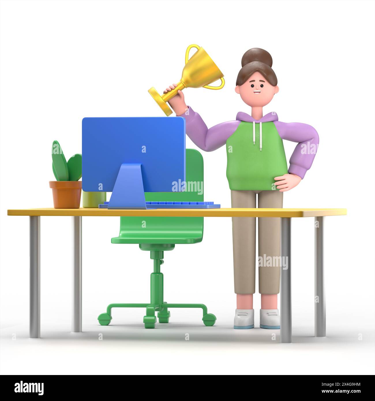 Illustrazione in 3D della sorridente ragazza asiatica Renae con trofeo, attestato di riconoscimento accanto al tavolo nel luogo di lavoro dell'ufficio. Sedia da ufficio per computer, lampada cact Foto Stock