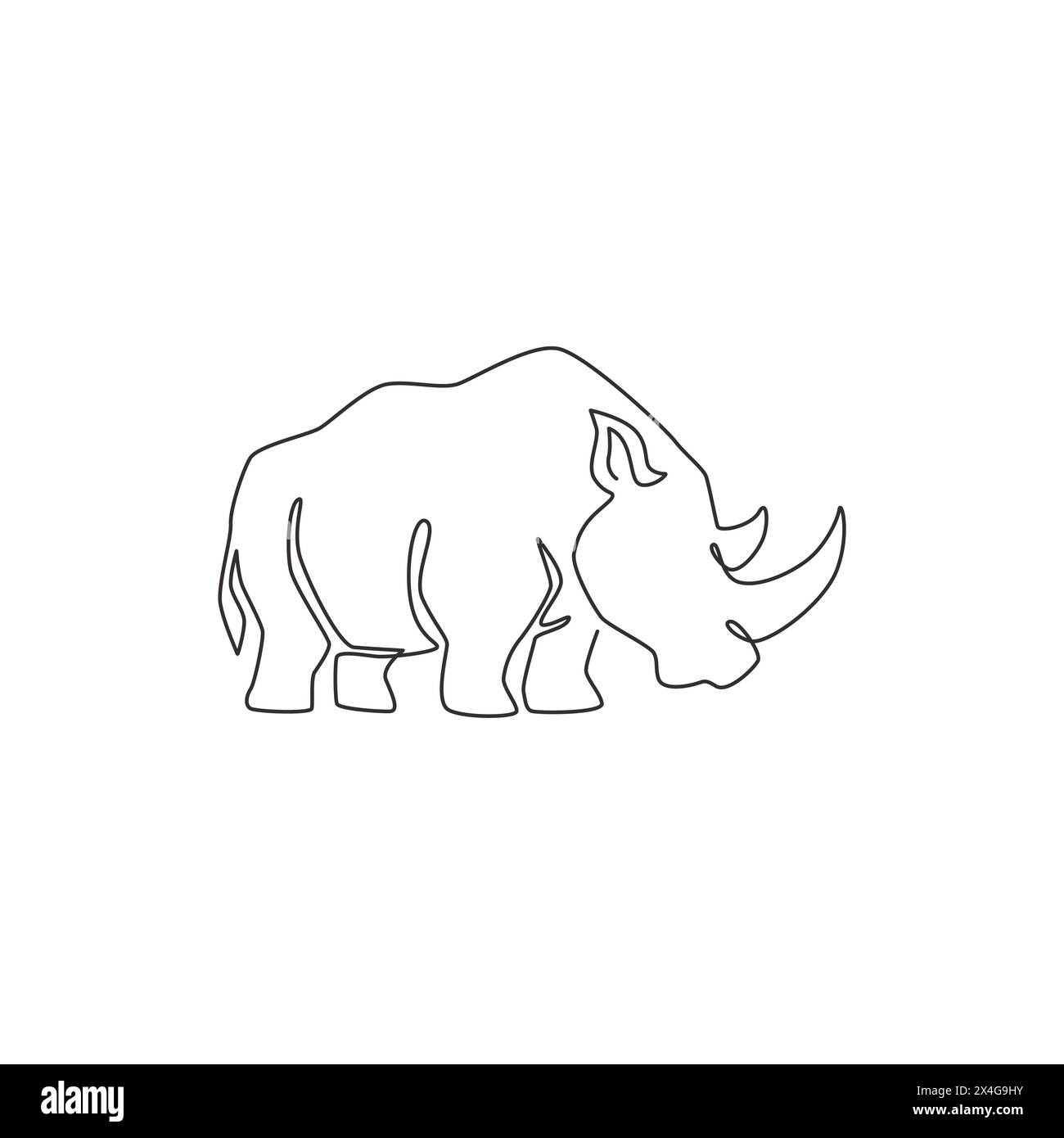 Un disegno continuo di rinoceronti bianchi forti per l'identità del logo aziendale. Concetto di mascotte di rinoceronte africano per il safari dello zoo nazionale. Singolo Illustrazione Vettoriale