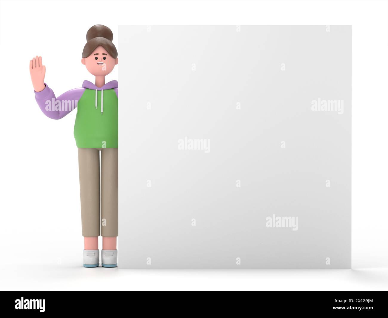 Illustrazione in 3D della ragazza asiatica Renae con mano in su, si trova dietro il poster vuoto, isolato su sfondo bianco. Moderno design minimalista dei personaggi dei cartoni animati Foto Stock
