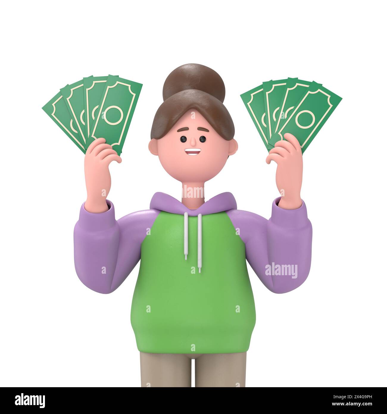 Illustrazione 3D di ragazza asiatica Renae con banconote di denaro nelle sue mani. Il concetto di ricchezza. Illustrazione 3D in stile cartone animato. Foto Stock
