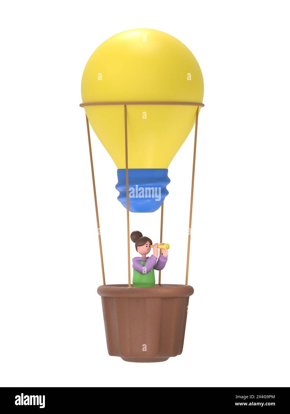 Concetto di previsione per il futuro aziendale basato su un'idea di stile lineare per la grafica piatta. Visione d'affari.illustrazione 3D della ragazza asiatica Renae che vola lampada a palloncino. Conc Foto Stock