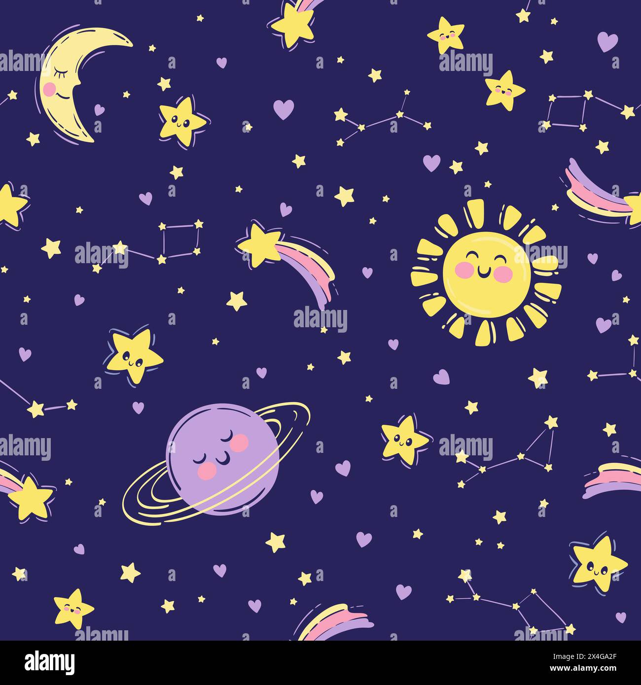 Disegno vettoriale a mano senza cuciture. Sfondo carino con luna addormentata, stelle, pianeti. Cielo notturno, stampa baby in blu Illustrazione Vettoriale