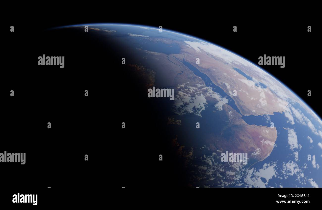 Vista della Terra e della sua atmosfera dallo spazio. Africa e Penisola Araba. Rendering 3D con elementi forniti dalla NASA. - Illustrazione 3D. Foto Stock