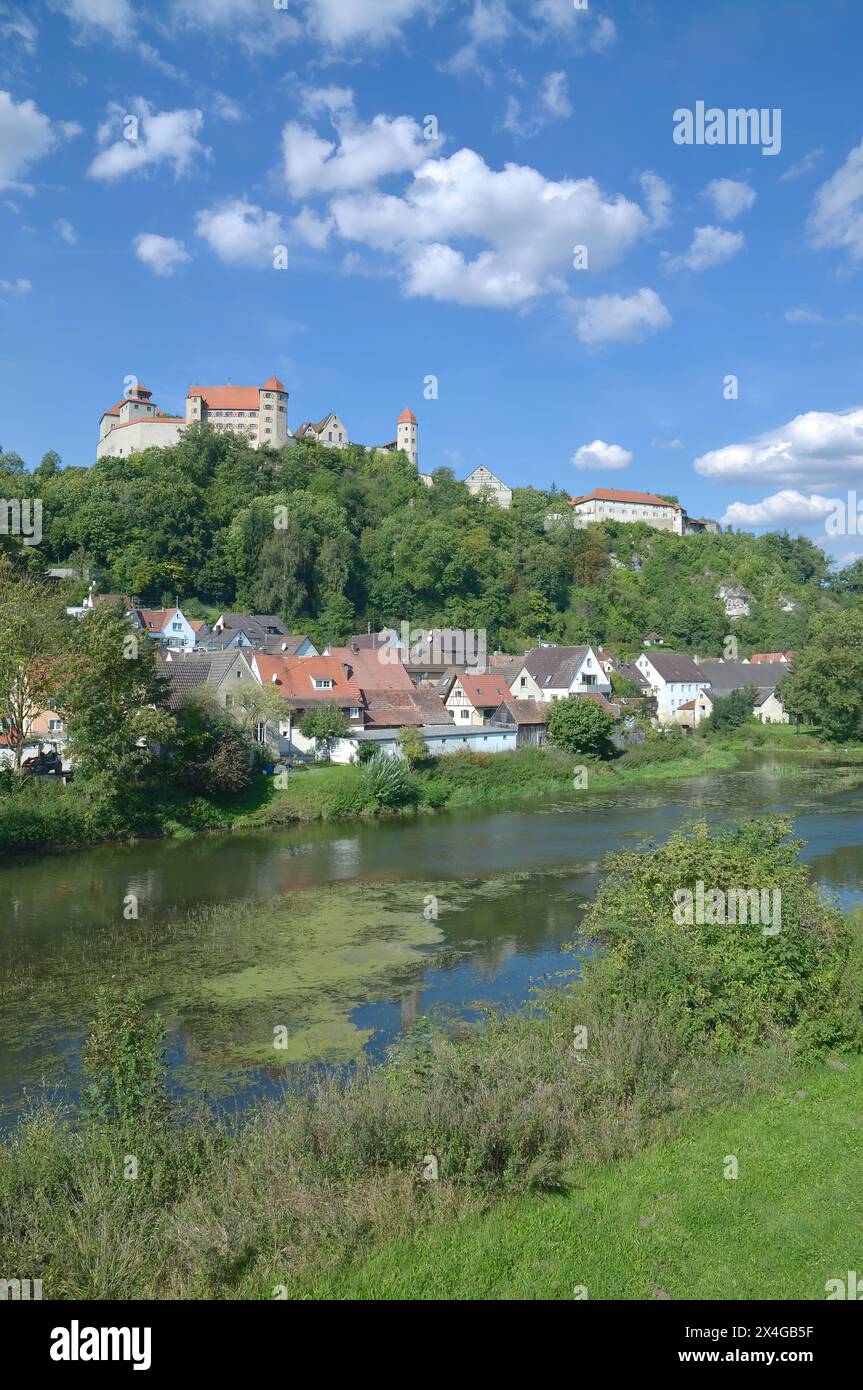 Harburg sul fiume Wörnitz, strada romantica, Svevia, Baviera, Germania Foto Stock