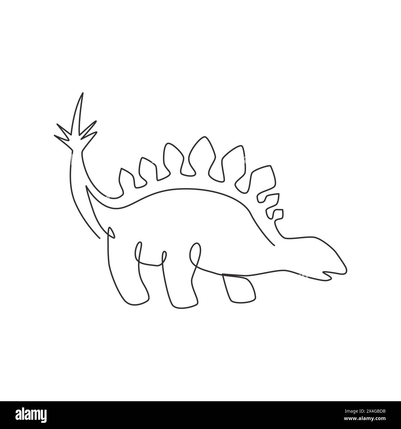 Un disegno a linea singola di stegosaurus calmo e spinoso per l'identità del logo. Concetto di mascotte animale Dino per icona del parco a tema preistorico. Continuo dinamico l Illustrazione Vettoriale