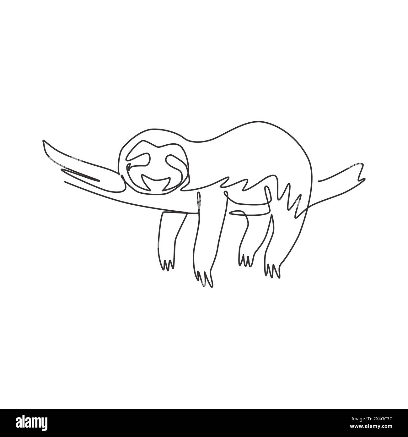 Un disegno su una sola linea di adorabile bradipo che dorme all'albero dei rami per l'identità del logo. Simpatico concetto di mascotte di mammiferi per l'icona dello zoo. Sempre alla moda Illustrazione Vettoriale