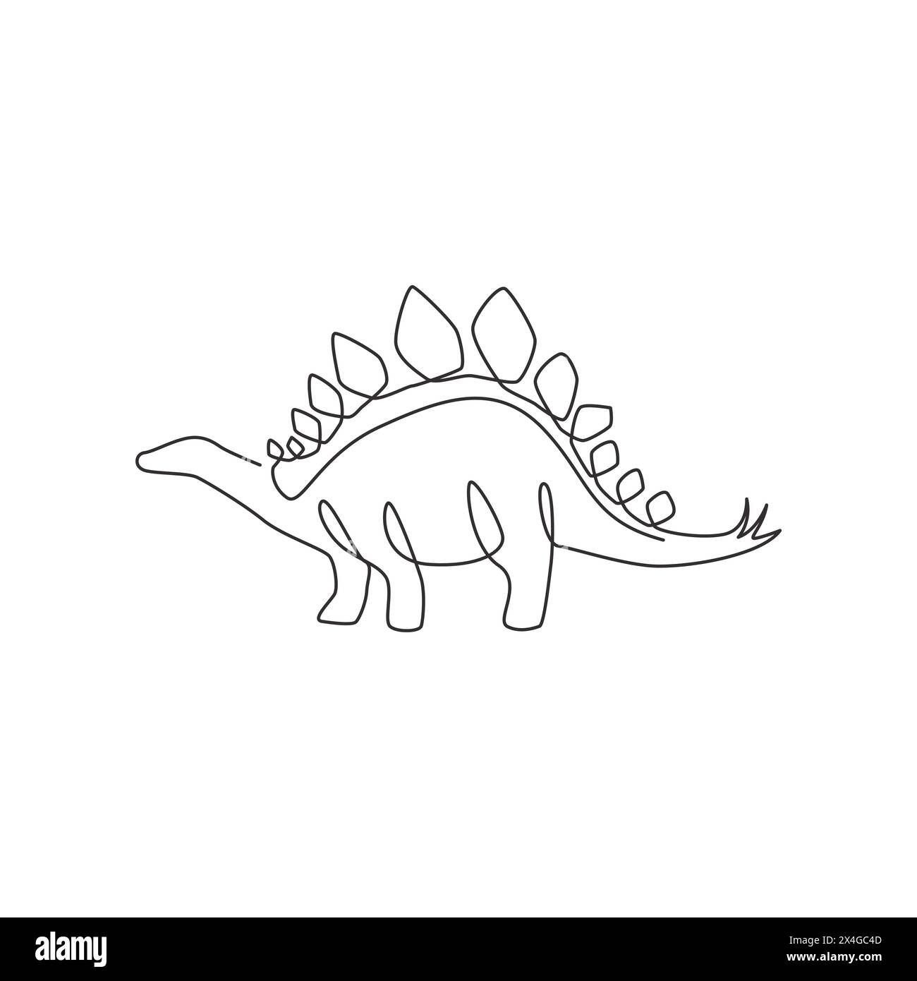 Disegno a linea singola continua di stegosaurus spinoso per l'identità del logo. Concetto di mascotte animali preistorica per l'icona del parco divertimenti a tema dei dinosauri Illustrazione Vettoriale