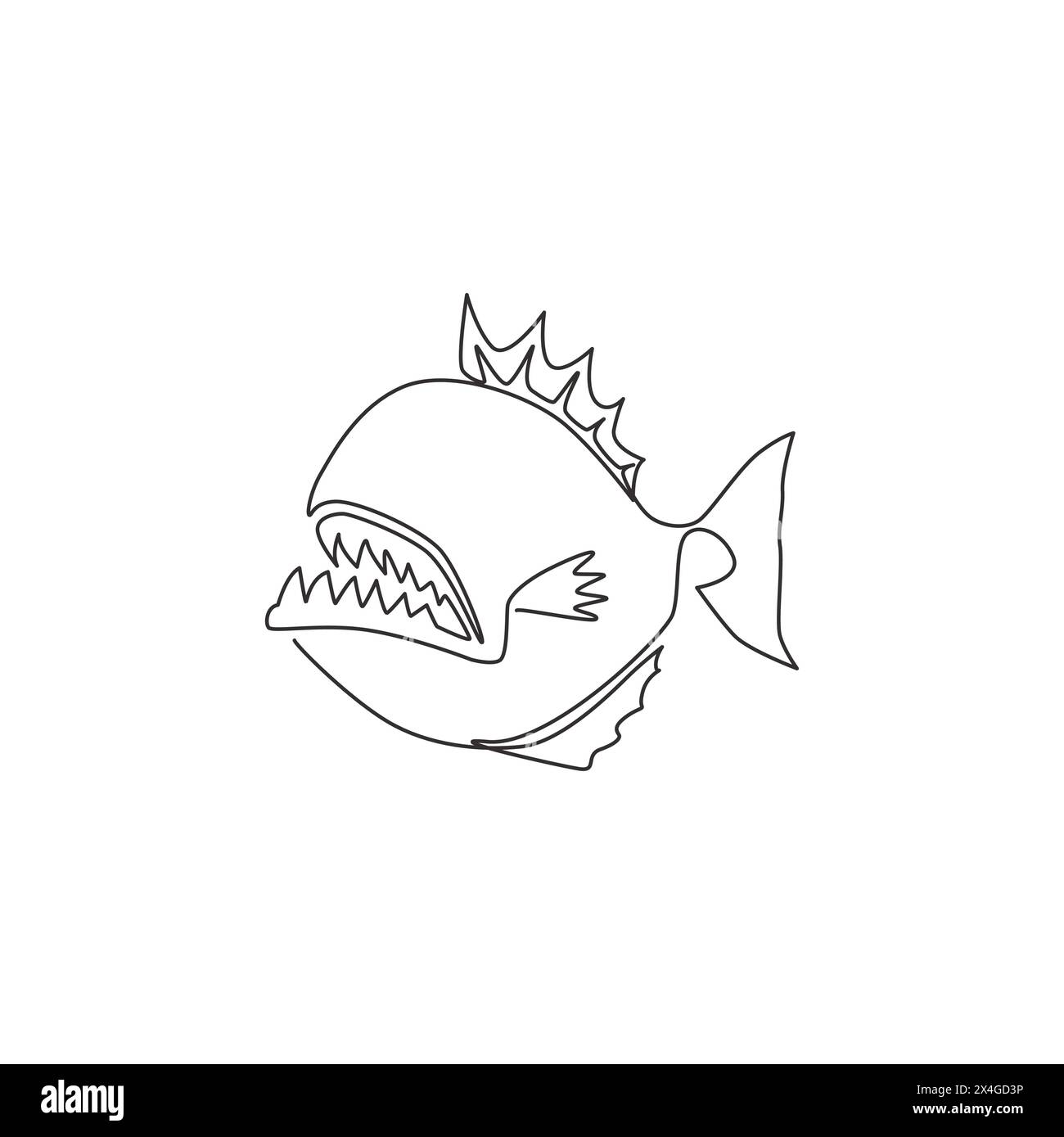 Disegno a linea singola continua di piranha selvaggio e feroce per l'identità del logo. Il concetto della mascotte dei pesci mostruosi per avvisare l'icona del segnale del fiume pericoloso. Un li Illustrazione Vettoriale