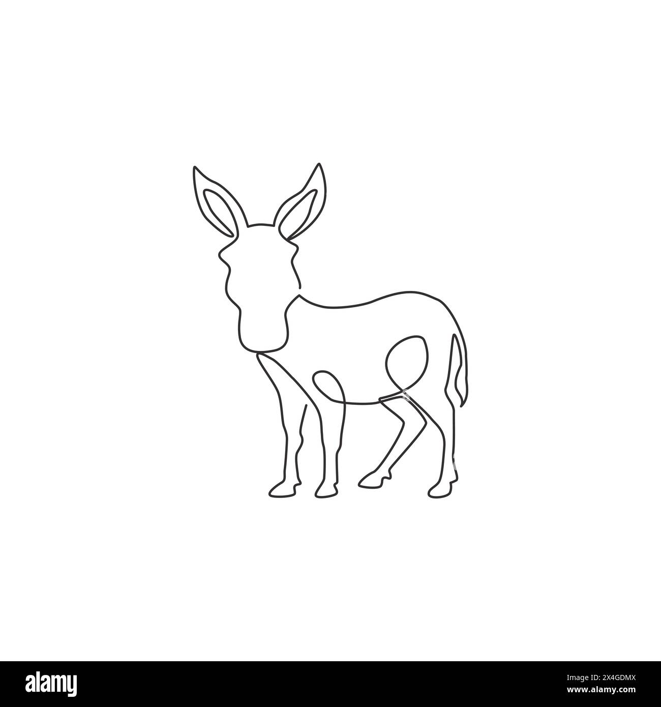 Un disegno continuo di asino in piedi per l'identità del logo. Mini mascotte di dimensioni pari a cavallo per l'icona del ranch degli asini. Design moderno a linea singola Illustrazione Vettoriale