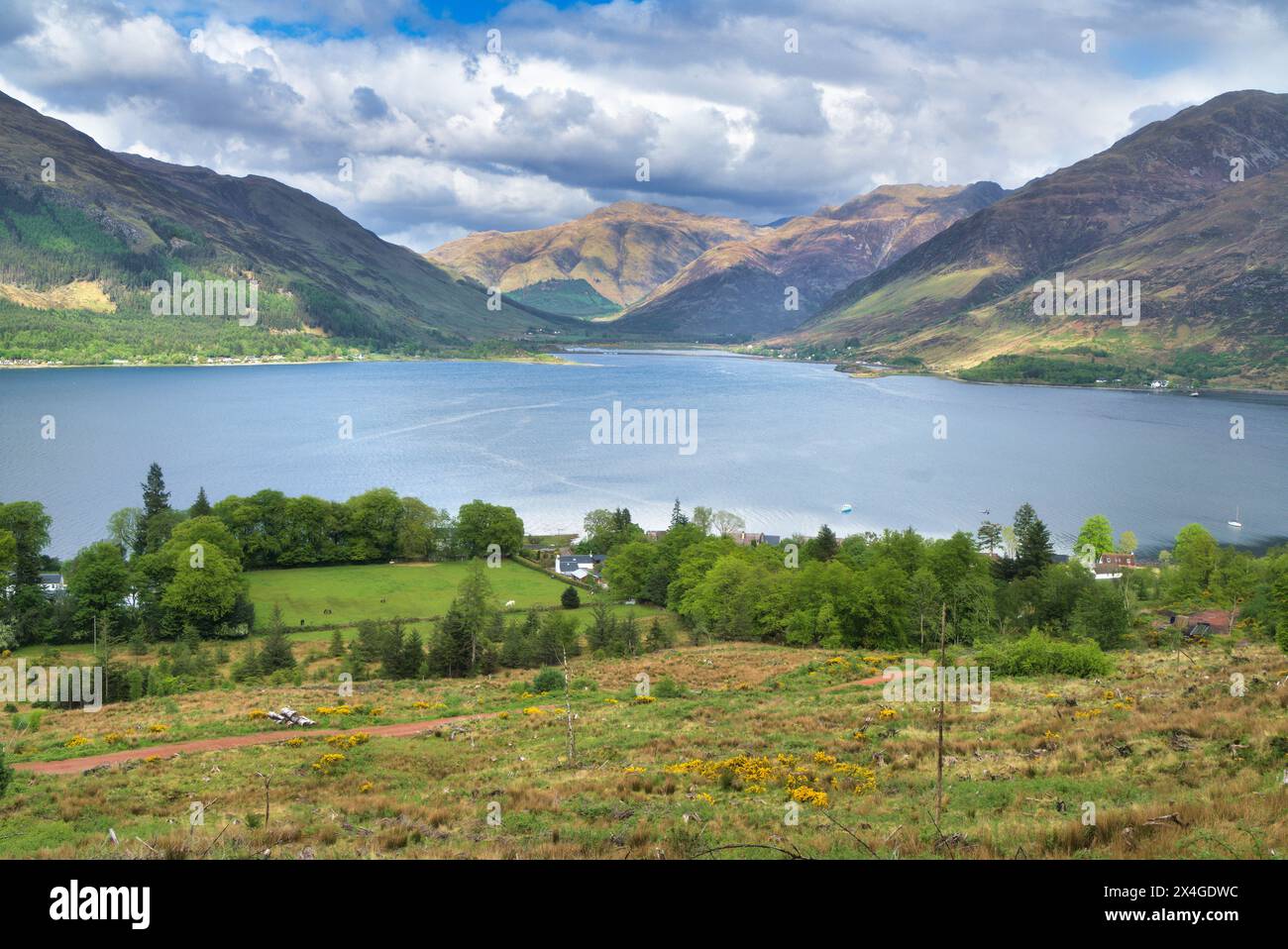 Guardando a nord sul Loch Duich dalla cima del passo Ratagan, fino al ponte Shiel, le "cinque sorelle" e Morvich. Highlands nord-occidentali, Scozia, Regno Unito Foto Stock
