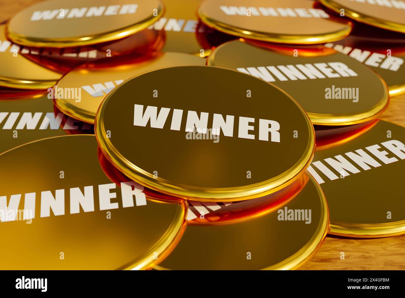 Vincitore. Vincitore. Distintivi dorati che si trovano sul tavolo con il messaggio vincitore . Sfida, successo, trofeo, premio. Illustrazione 3D badge007s030 Winner Foto Stock