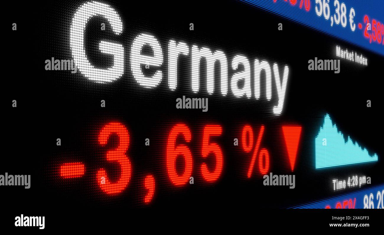 La Borsa tedesca si sta abbassando. La Borsa tedesca si sta abbassando. Segno percentuale rosso, diminuzione, riduzione, ticker del mercato azionario, informazioni, autobus Foto Stock