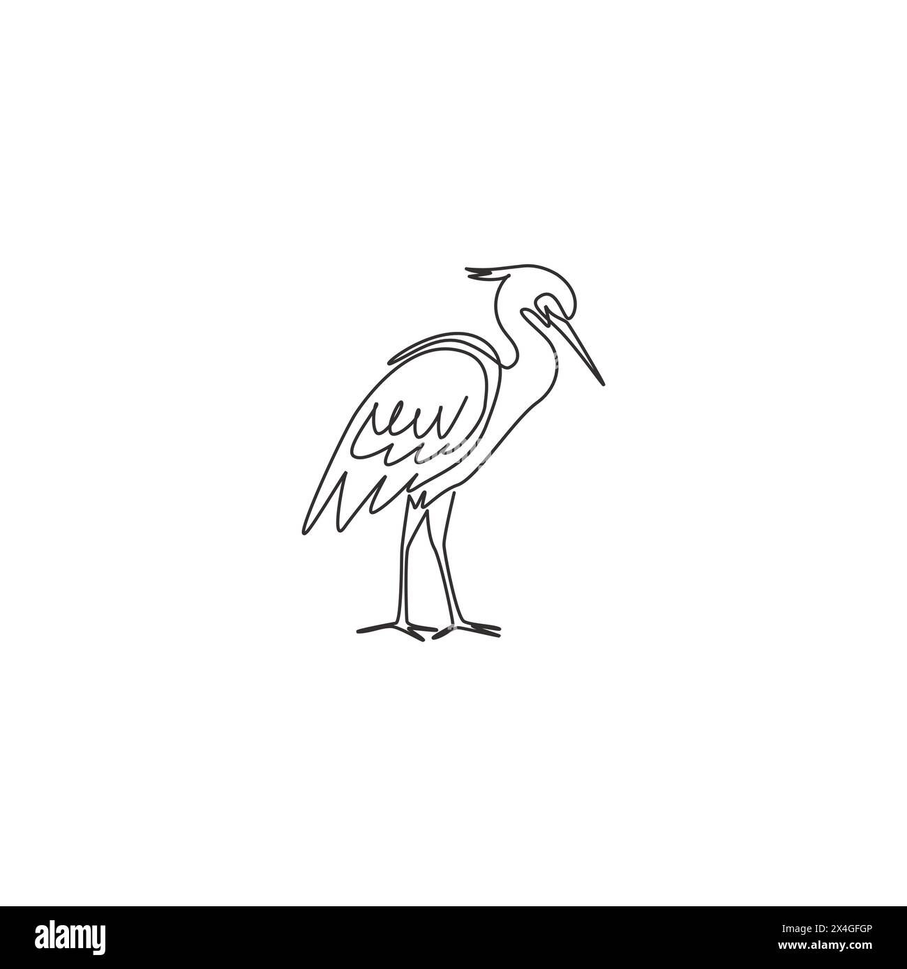 Un disegno continuo di un simpatico airone in piedi per l'identità del logo aziendale. Concetto di mascotte per uccelli costieri per l'icona del parco nazionale. Moderna linea singola d Illustrazione Vettoriale