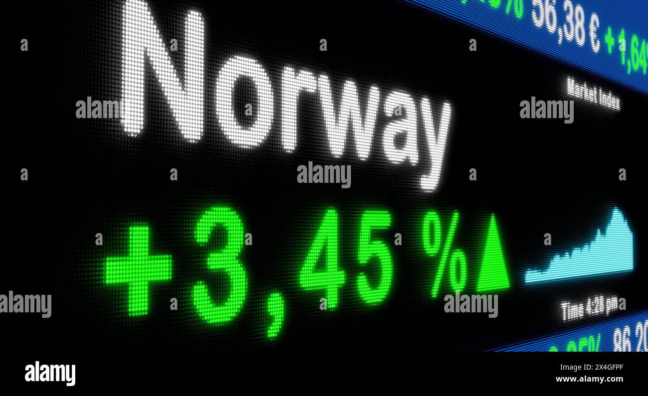 La Borsa norvegese sta salendo. La Borsa norvegese sta salendo. Segno di percentuale verde, aumento, ticker del mercato azionario, informazioni, crescita, business co Foto Stock