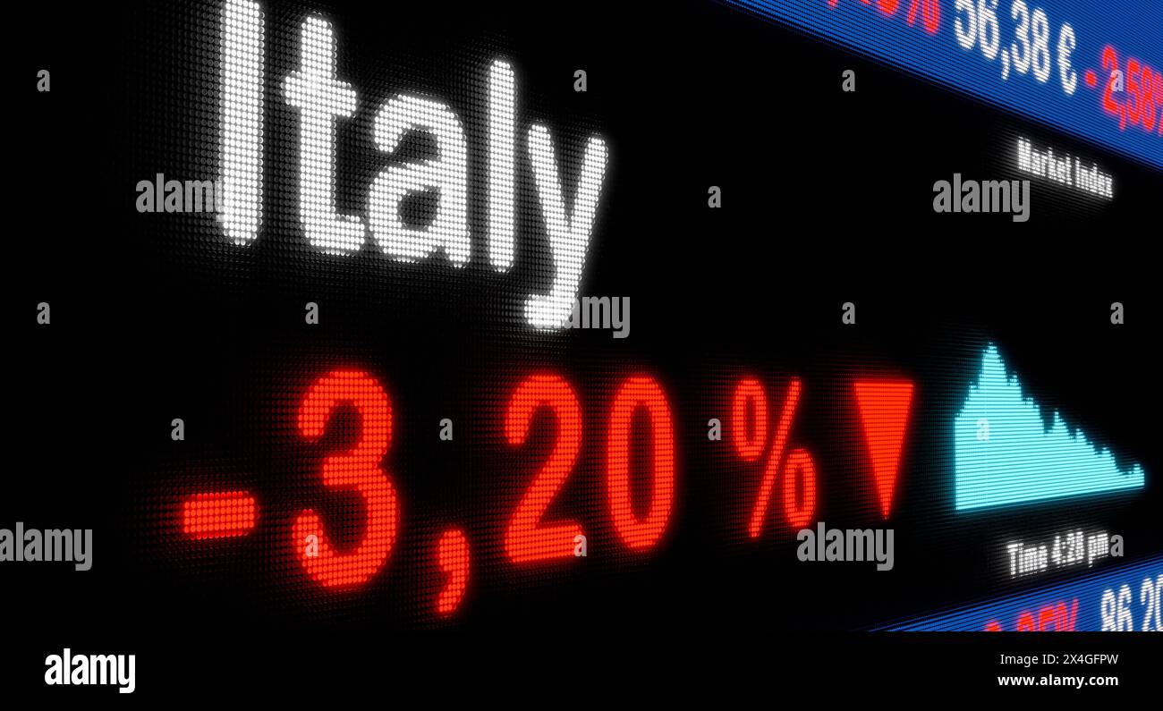 La Borsa italiana si sta abbassando. La Borsa italiana si sta abbassando. Segno percentuale rosso, diminuzione, riduzione, ticker del mercato azionario, informazioni, affari Foto Stock