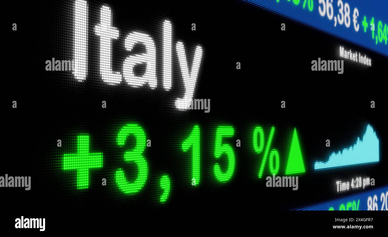 La Borsa italiana sta salendo. La Borsa italiana sta salendo. Segno di percentuale verde, aumento, ticker del mercato azionario, informazioni, crescita, conc. aziendale Foto Stock