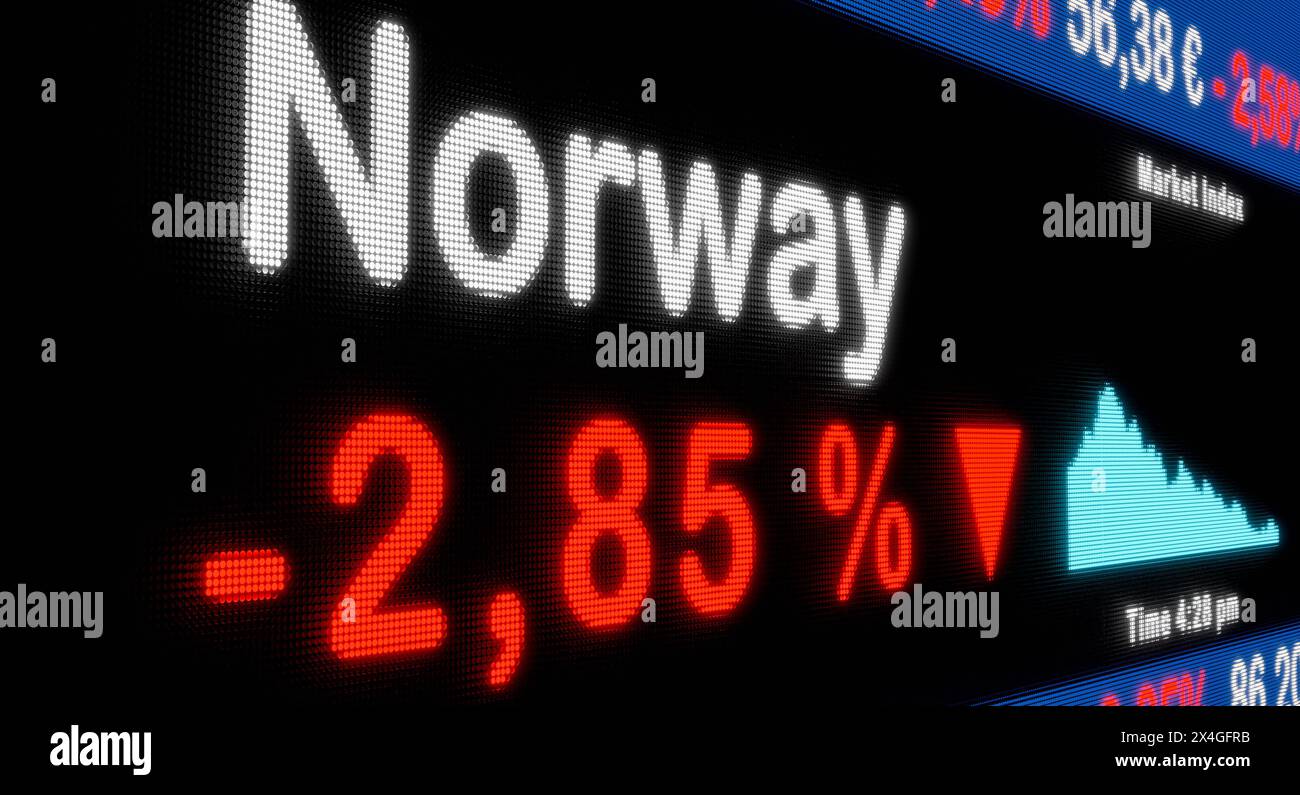 La Borsa norvegese si sta abbassando. La Borsa norvegese si sta abbassando. Segno percentuale rosso, diminuzione, riduzione, ticker del mercato azionario, informazioni, busin Foto Stock