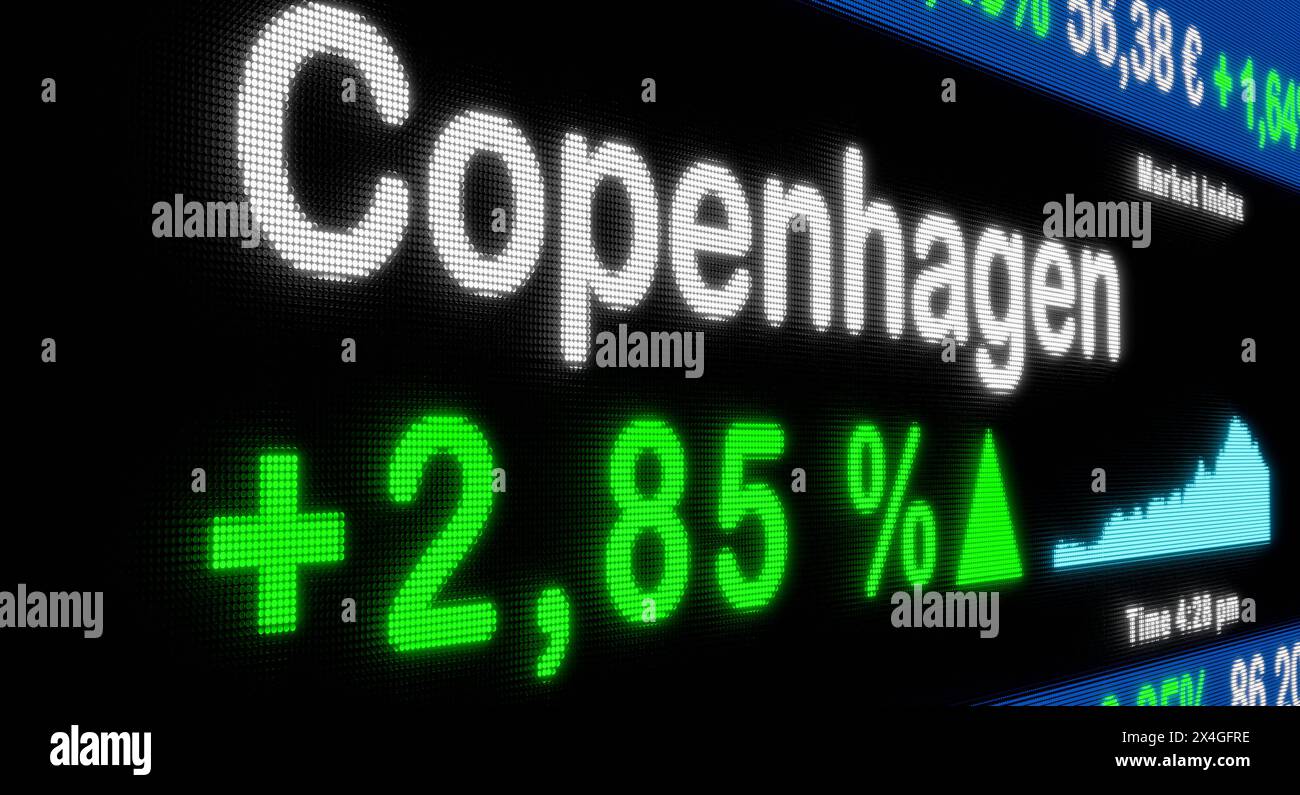 La borsa di Copenaghen sta salendo. La borsa di Copenaghen sta salendo. Segno di percentuale verde, aumento, ticker del mercato azionario, informazioni, crescita, autobus Foto Stock