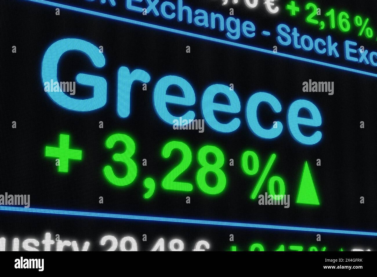 La borsa della Grecia sta salendo. La borsa della Grecia sta salendo. Segno di percentuale verde, aumento, ticker del mercato azionario, informazioni, crescita, business co Foto Stock