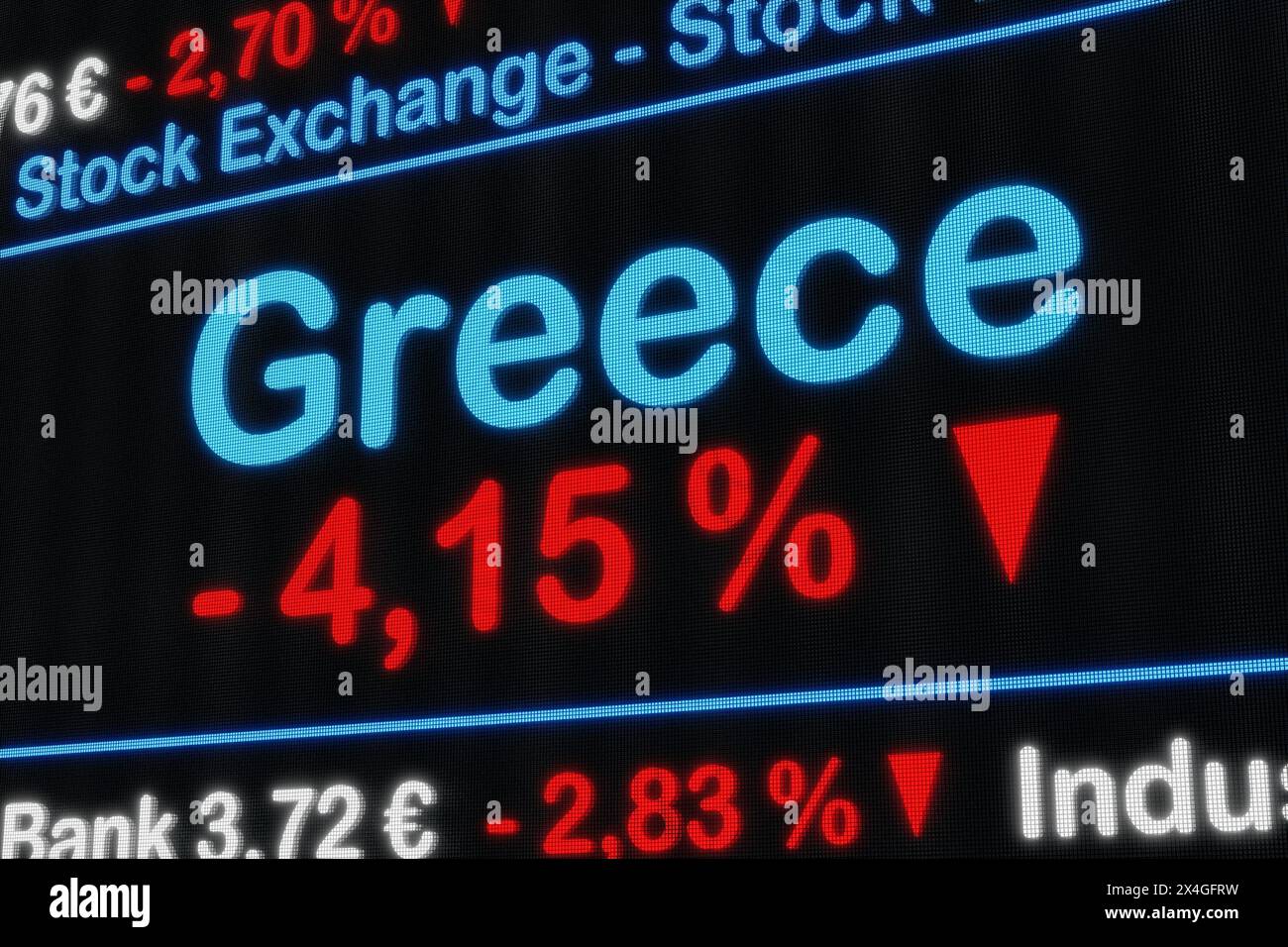 La borsa della Grecia si sta abbassando. La borsa della Grecia si sta abbassando. Segno percentuale rosso, diminuzione, riduzione, ticker del mercato azionario, informazioni, busin Foto Stock