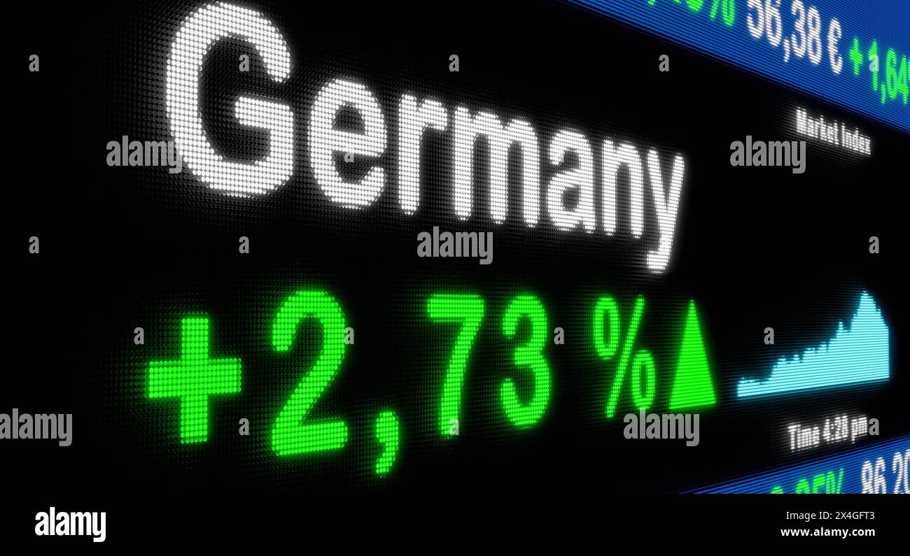 La Borsa tedesca sta salendo. La Borsa tedesca sta salendo. Segno di percentuale verde, aumento, ticker del mercato azionario, informazioni, crescita, affari Foto Stock