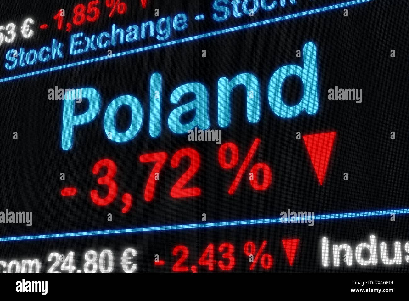 La Borsa polacca si sta abbassando. La Borsa polacca si sta abbassando. Segno percentuale rosso, diminuzione, riduzione, ticker del mercato azionario, informazioni, busin Foto Stock