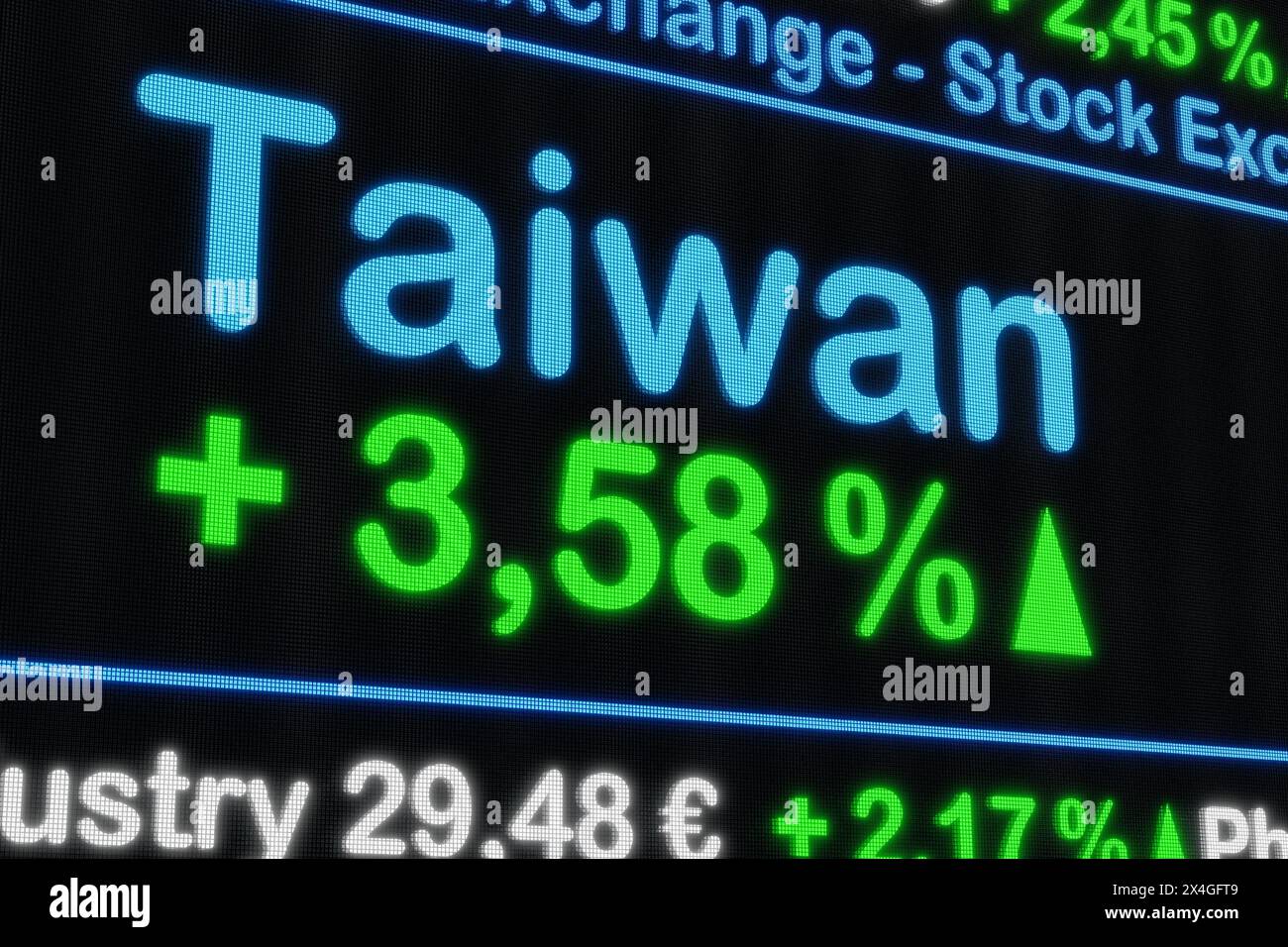 Borsa di Taiwan in aumento. Borsa di Taiwan in aumento. Segno di percentuale verde, aumento, ticker del mercato azionario, informazioni, crescita, business co Foto Stock